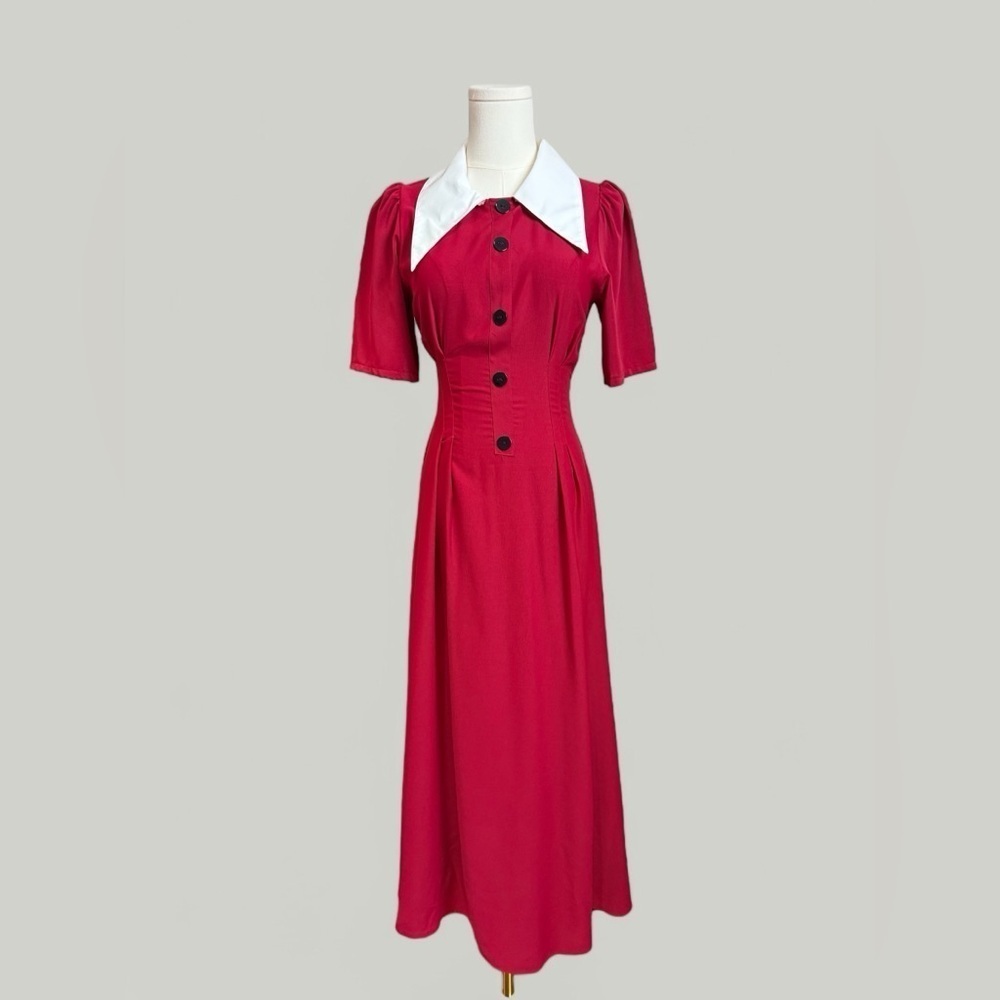 Dress Women Size Small Red Long Exaggerated Collar Puff Sleeves Sinch Waist - Picture 2 of 10